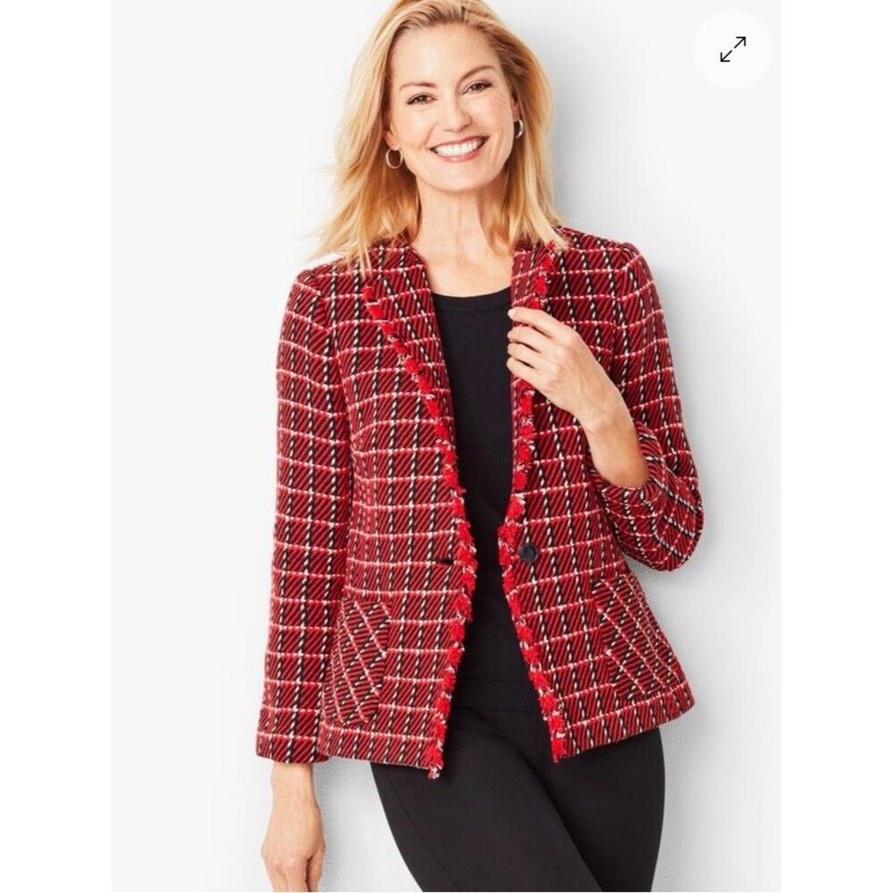 Talbots Twill Check Jacket size 8 Red Black One Button Fringe Career Blazer